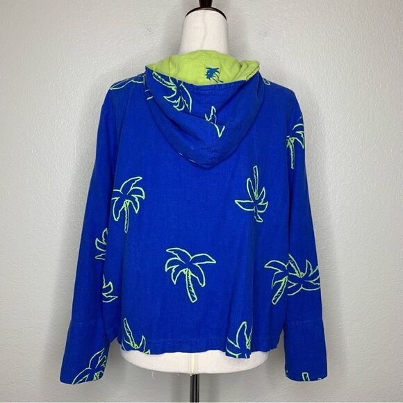 Erin London Linen Blend Vintage Blue Palm Trees Zip Up Hoodie Jacket - Picture 7 of 13